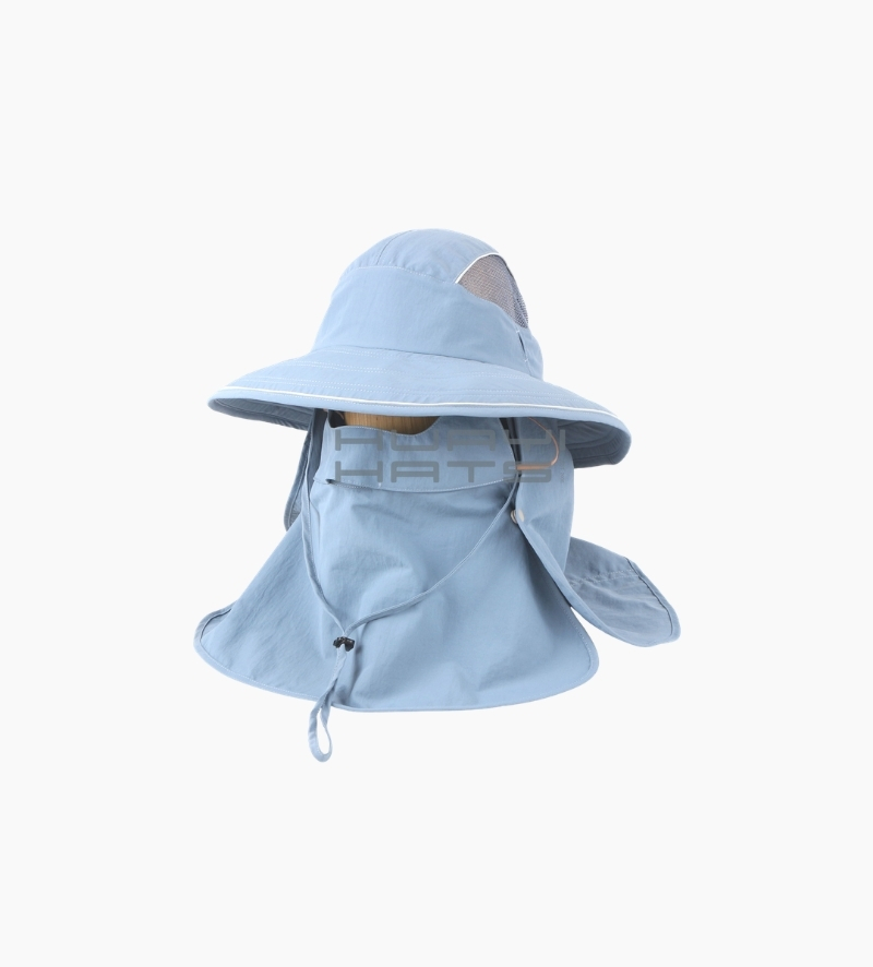 Custom Light Blue Wide Brim Sun Hat with Face and Neck Flap